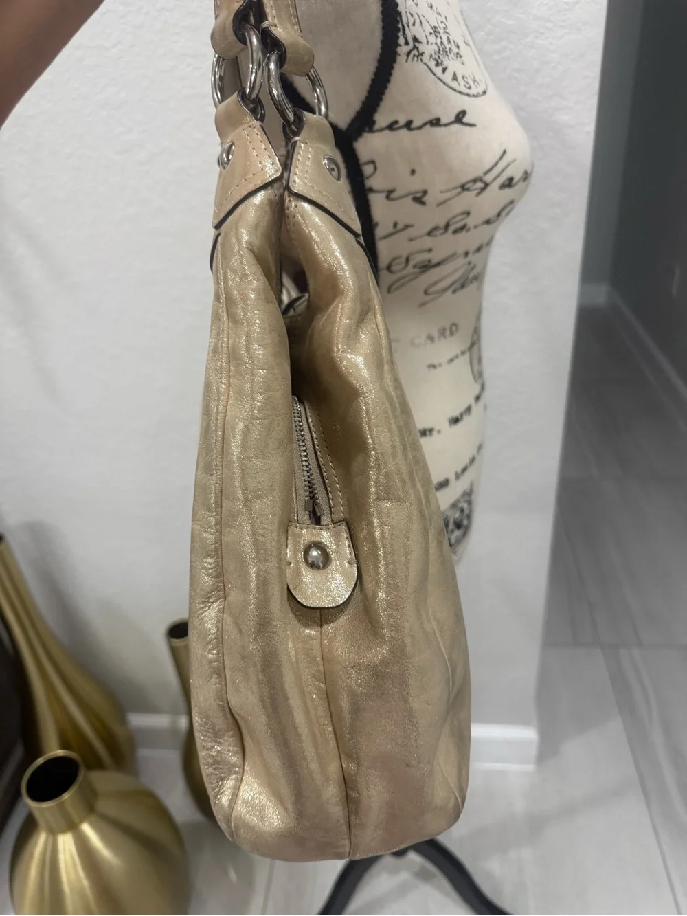 Coach Metallic Gold Leather Hobo Shoulder Bag Large Buckle Silver Hardware